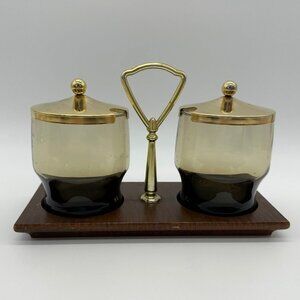 Vintage Condiment Serving Dish Wood Tray Smokey Glass Bowls Retro Gold Brown